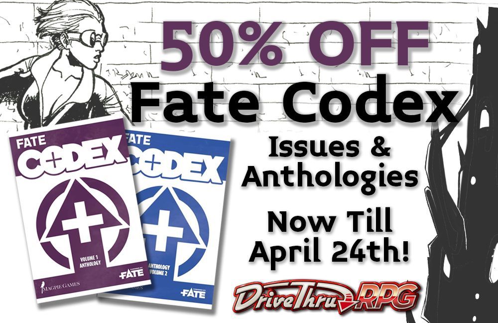 MagpieOfficial's tweet photo. Our entire line of Fate Codex is on sale for 50% OFF now till April 24th on DriveThruRPG! Volume 3 is coming soon, so get caught up on past issues now! https://t.co/S2bUBptjCG

#ttrpg #booksale #fatecore https://t.co/fAl5XuXgFo