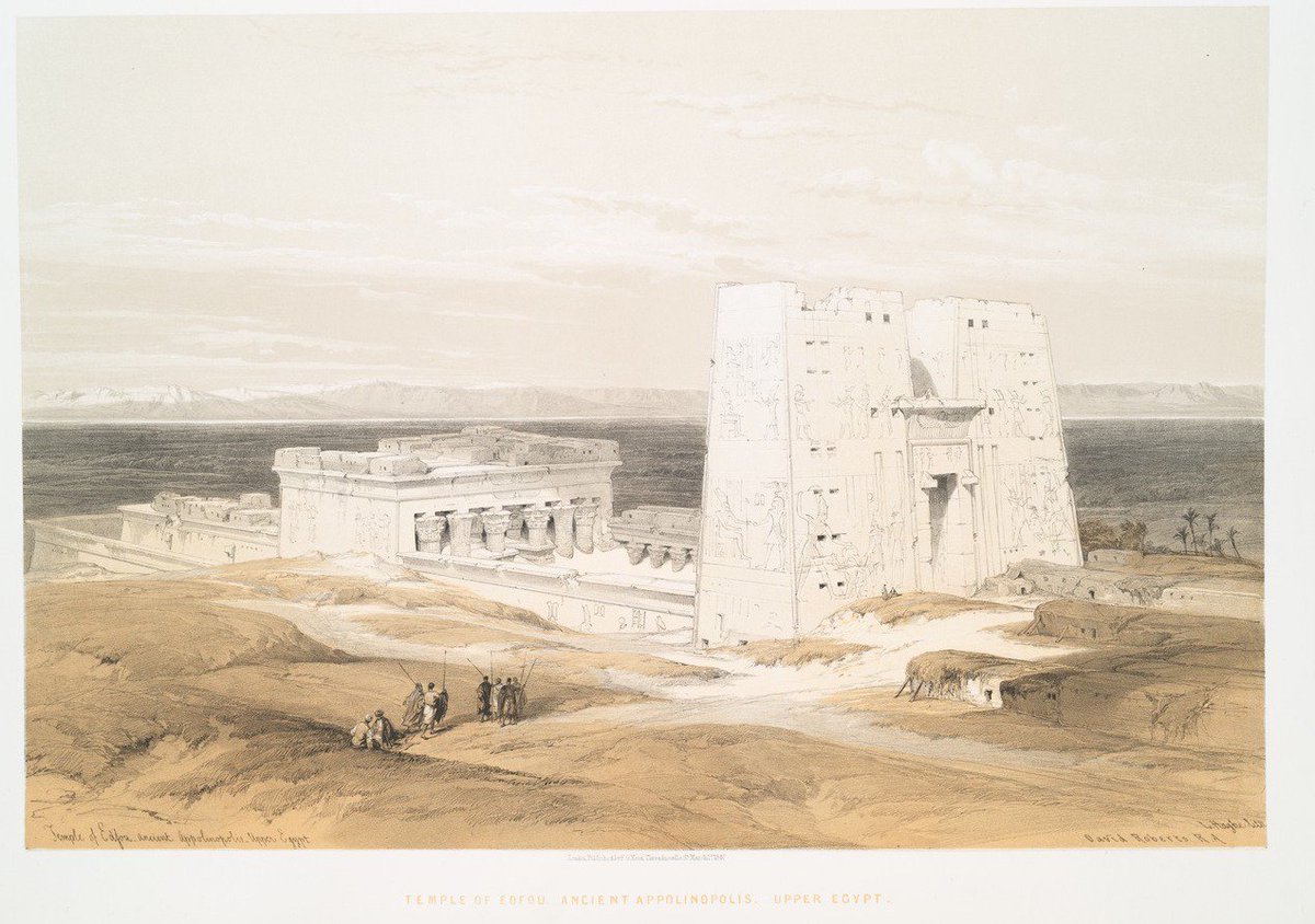 Scottish artist David Roberts visited Edfu in 1838, and showed houses on top of the hypostyle hall . . . and in front of the pylon. (lithograph by Louis Haghe; from The Holy Land, Syria, Idumea, Arabia, Egypt & Nubia, 1842-49) https://digitalcollections.nypl.org/items/510d47d9-63bc-a3d9-e040-e00a18064a99
