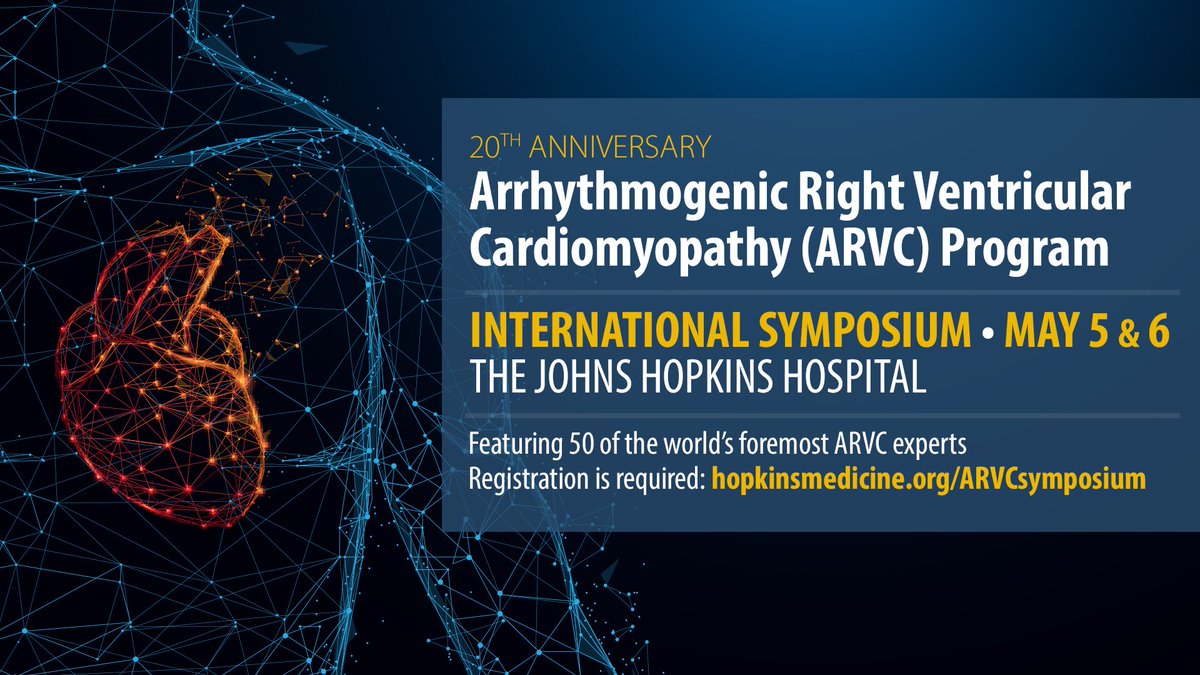 Please join us in Baltimore for the 20th Anniversary of the Johns Hopkins ARVC Program We are hosting a free symposium with 50 worldwide experts on ARVC. See below on how to register. ⁦@HRSonline⁩ ⁦@ShelbyKuttyMD⁩ #arvc