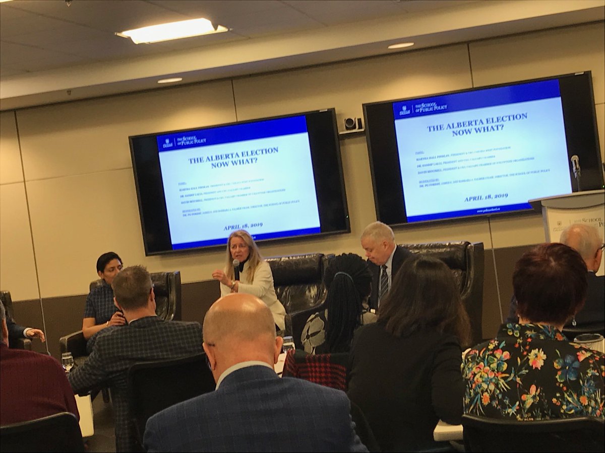 JohnGAlho's tweet photo. Stellar panel of ⁦⁦@pgfor⁩ ⁦@MHallFindlay⁩ ⁦@dmitchellYOW⁩ ⁦@SandipLalli⁩ dissect the outcome of #ABElection2019 at ⁦@policy_school⁩ ⁦@UCalgary⁩ #AbLeg #abpoli https://t.co/3gaFoL47m2