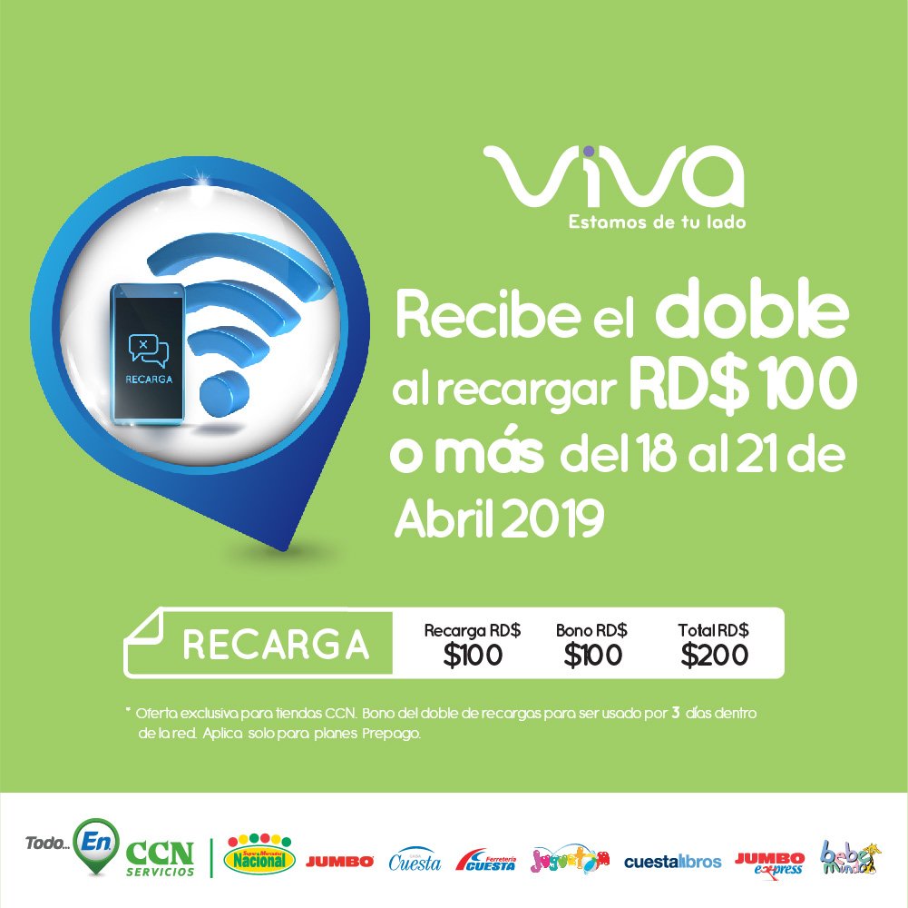Viva te regala el doble al recargar en las cajas de nuestras tiendas CCN. Aprovecha y realiza tus compras, recarga y recibe el doble, válido hasta el 21 de abril. https://t.co/rvwRDvJIL1