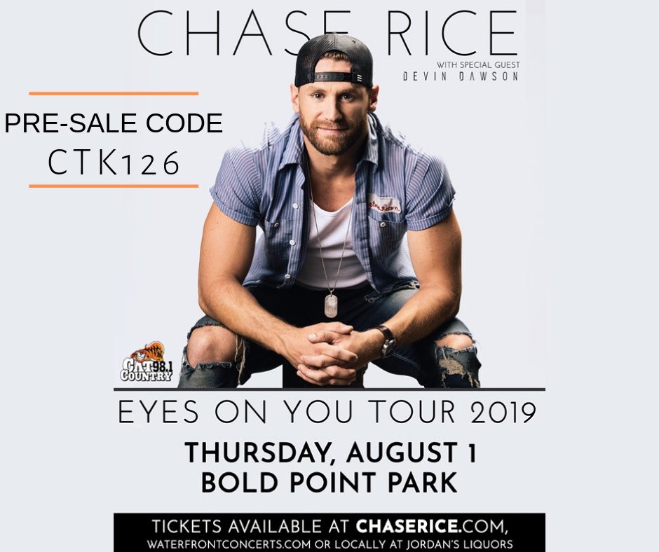 CatCountry981's tweet photo. The @ChaseRiceMusic presale code is out now! Get your tickets to his show at @BoldPointPark before anyone else 👍🏻👍🏻 use code ‘CTK126’ at https://t.co/csizTWQTS2 until 10pm tonight!!
.
#chaserice #boldpointpark #providence #countrymusic https://t.co/20O9gZTHkC