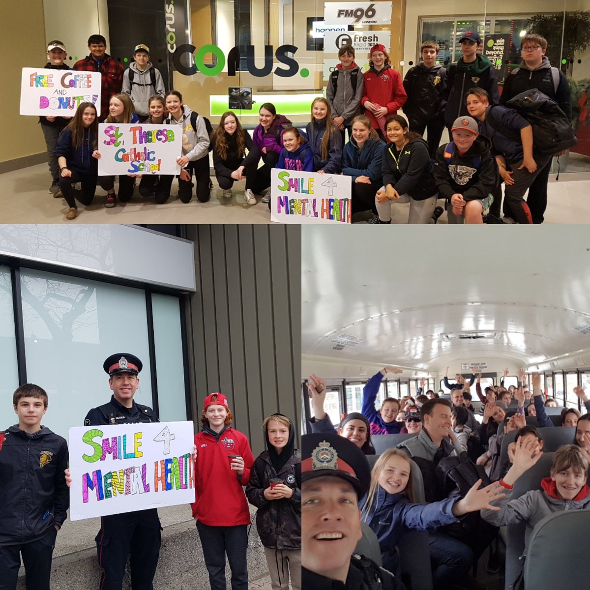 Out and about today with my Gr. 7 &amp; 8 friends from <a href="/StTheresaShark/">St.Theresa, London</a> as they give out coffee and donuts for the #smilecampaign for #MentalHealthAwareness &amp; getting a great reception <a href="/CorusRadio/">Corus Radio</a> in #ldnont <a href="/TazFM96/">Taz From the Radio</a> <a href="/1031FreshRadio/">1031 Fresh Radio</a> <a href="/AM980News/">980 CFPL London News</a> <a href="/Country104/">Country 104</a> #smile4mentalhealth