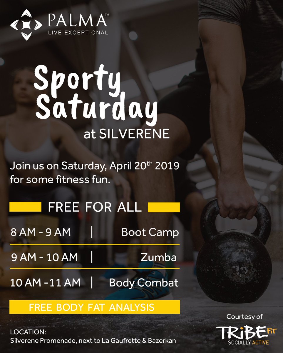 PalmaHolding's tweet photo. Don't miss sporty Saturday at #Silverene by TribeFit.
Join us on Saturday, April 20th 2019 for some fitness fun.
#Palma #SilvereneTowers #SilvereneDubai #TribeFit #Fitness #FitnessFun #BootCamp #Zumba #BodyCombat #DubaiMarina #Gym #Goals #Muscle #Life #Lifestyle #Health https://t.co/uxf3NbnOnU