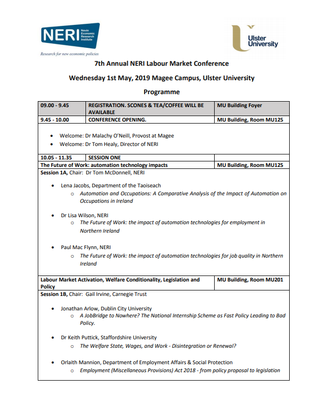 NERI_research's tweet photo. The programme for the @NERI_research labour market conf on May 1st is now finalised with papers on topics from job quality, to automation & the future of work, to labour market activation to the 'just transition' amongst others. You can still register: https://t.co/xCYfkeyEAM https://t.co/PKKDOvY38u