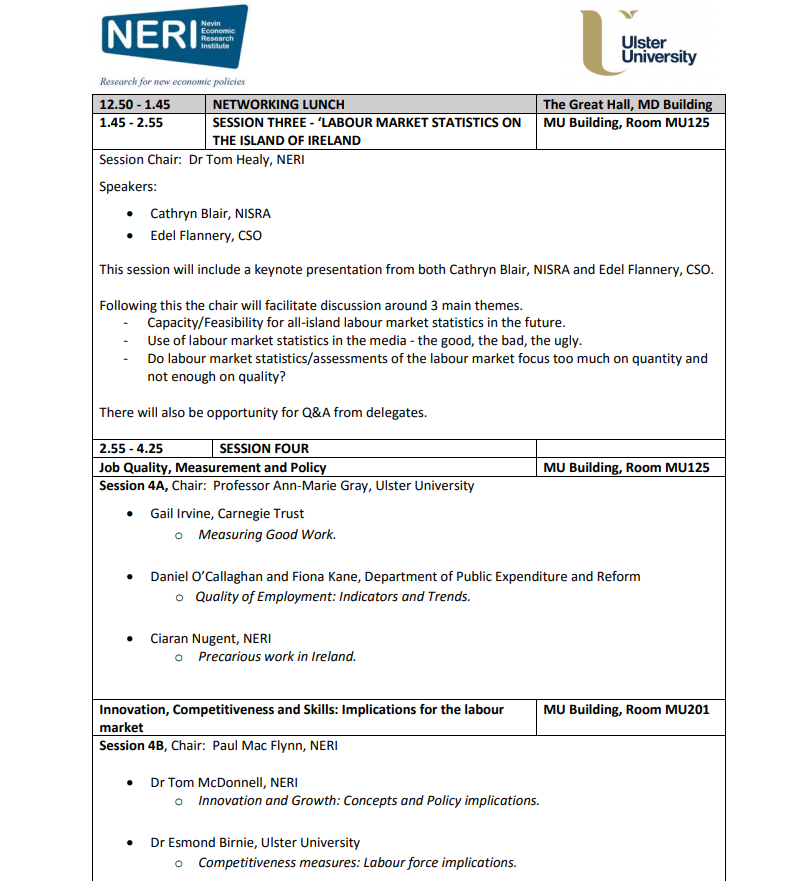 NERI_research's tweet photo. The programme for the @NERI_research labour market conf on May 1st is now finalised with papers on topics from job quality, to automation & the future of work, to labour market activation to the 'just transition' amongst others. You can still register: https://t.co/xCYfkeyEAM https://t.co/PKKDOvY38u