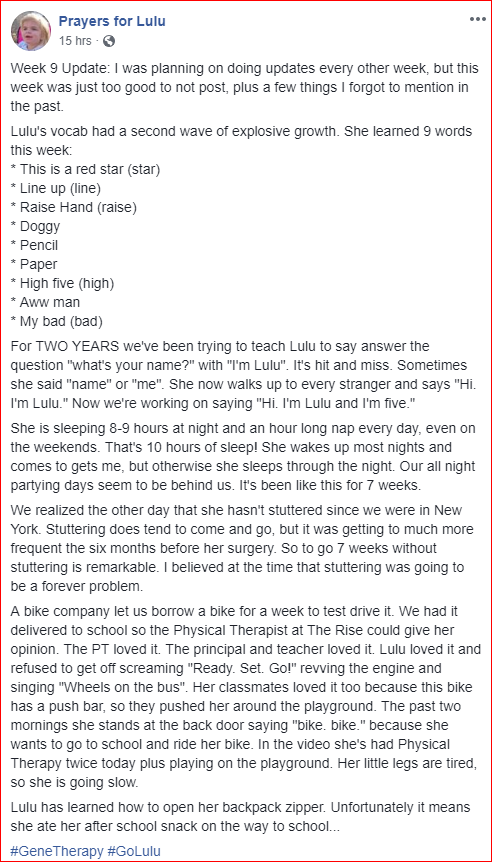Gantosj's tweet photo. $SRPT &amp; Lysogene Gene-Therapy clinical trial in #Sanfilippo #MPS3A 
Lulu's mom share her progress post #GeneTherapy treatment 

9 weeks after GT: Lulu's vocab had a second wave of explosive growth. She learned 9 words this week:  
And she can ride a bike 👏 https://t.co/GlTrjCDgRe