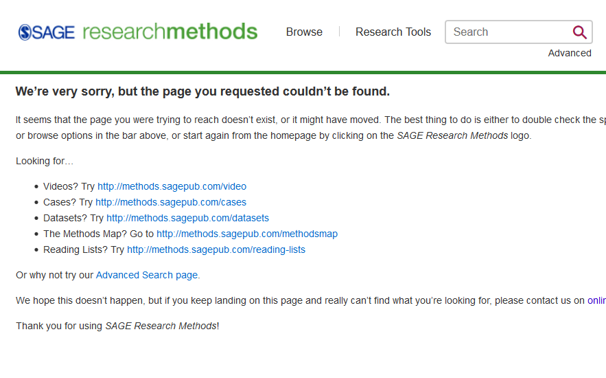 Sage Research Methods error page -  page not found
