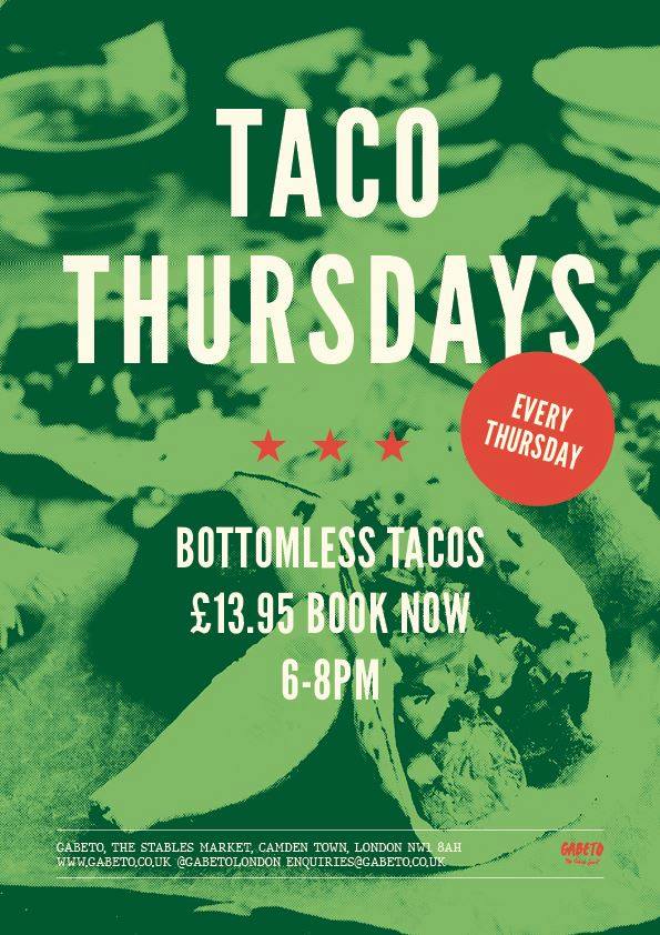 Sample our range of scrumptious Tacos this evening as we run our BOTTOMLESS offer between 6-8pm, with half price tequila and margarita jugs 😍

_________________
gabeto.co.uk