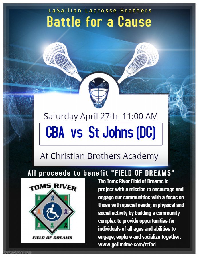 CBAColts's tweet photo. Colts Lacrosse will be hosting a "Battle for the Cause" on April 27th!

CBA will welcome fellow Lasallian school St. John's of D.C. and proceeds will support Toms River Field of Dreams, whose goal is to build an outdoor park facility for children with disabilities. #WeAreCBA https://t.co/DlEOfkJbxf