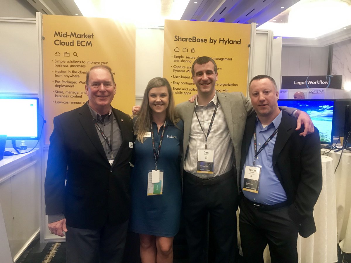 Hyland's tweet photo. Stop by the #Innovate2019 theater at 9 a.m. to learn how you can take your business to the next level with #ShareBase. Afterwards visit the Hyland table to learn more about our mid-market #ECM solutions!  @KyoceraUSA https://t.co/JSYuFnYcdb