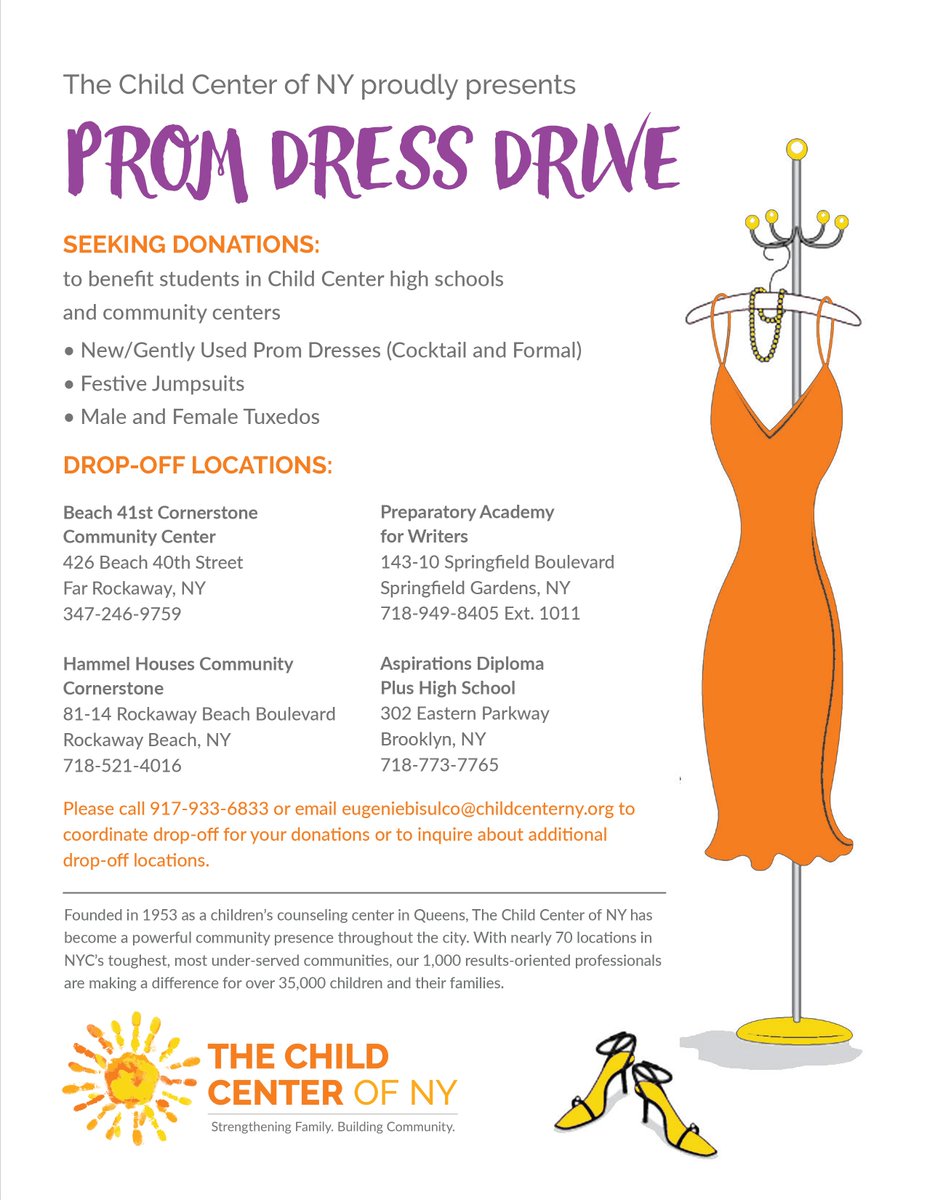ChildCenterNY's tweet photo. The Child Center’s #PromDressDrive is going on NOW! Please #donate your new or gently used dresses, jumpsuits, or tuxedos for students in #ChildCenterNY high schools and community centers. See the flyer for more information and drop-off locations. (And RT!) 🙂 https://t.co/s5fyaphktr
