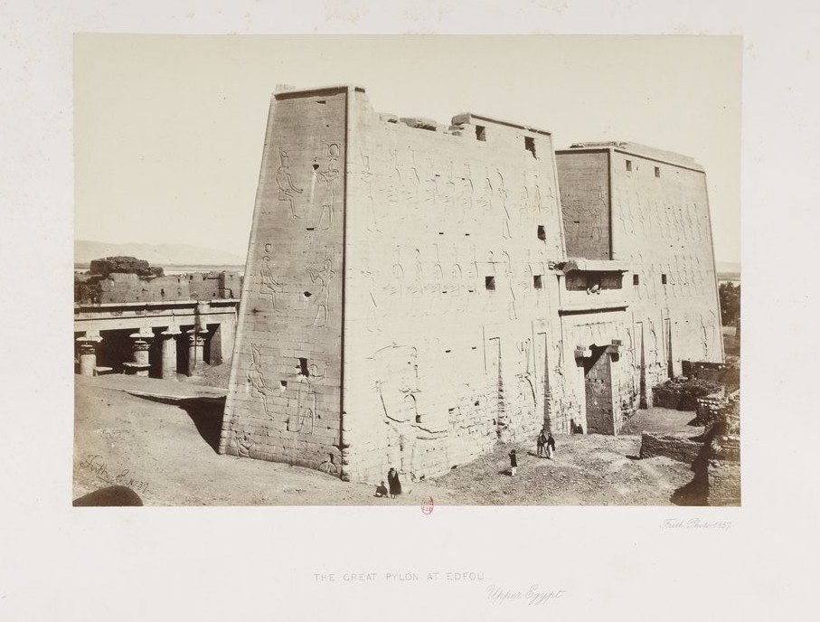 Francis Frith (c. 1857) with a by-now standard view of the temple (from the non-town side), showing houses on top of the hypostyle hall and apparently in front of the pylon(From Frith, Egypt and Palestine; via Gallica/BnF) https://gallica.bnf.fr/ark:/12148/btv1b8443065f/f21.item