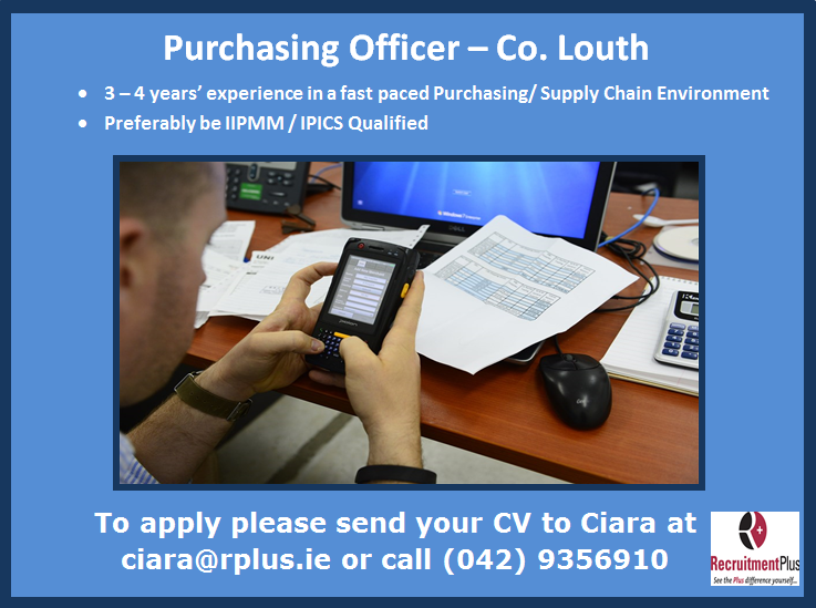 Excellent opportunity for an experienced Purchasing Officer with our client based in Co Louth. Contact Ciara Byrne at ciara@rplus.ie #jobs #RecruitmentPlus #LouthChat #Careers #Ireland #awardwinningagency