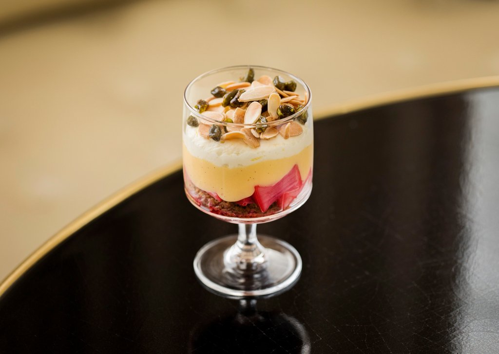 Yorkshire rhubarb and ginger parkin trifle with toasted almonds. Celebrate the Easter long weekend at #plumspiltmilk and treat yourself to one of our delicious new desserts 💕