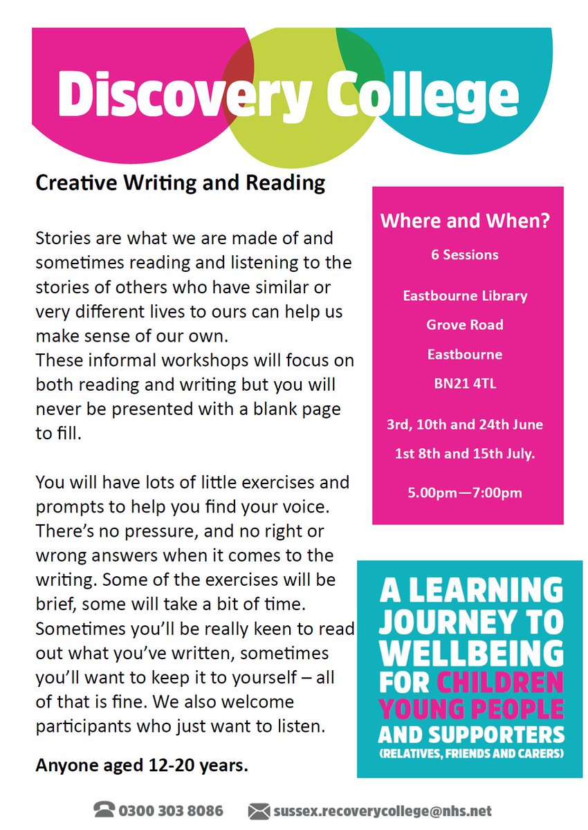 Stories are what we are made of and sometimes reading and listening to the stories of others who have similar or very different lives to ours can help us make sense of our own. Email sussex.recoverycollege.nhs.net for more information.