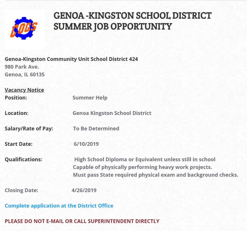 GK DISTRICT SUMMER JOB OPPORTUNITY!!! POP IN TO THE DISTRICT OFFICE FOR AN APPLICATION IF INTERESTED!! #gkcogs <a href="/gkhscogs424/">Genoa-Kingston High School</a> <a href="/gkschools/">Genoa-Kingston CUSD #424</a> <a href="/GKCounseling/">GK Counseling Office</a>