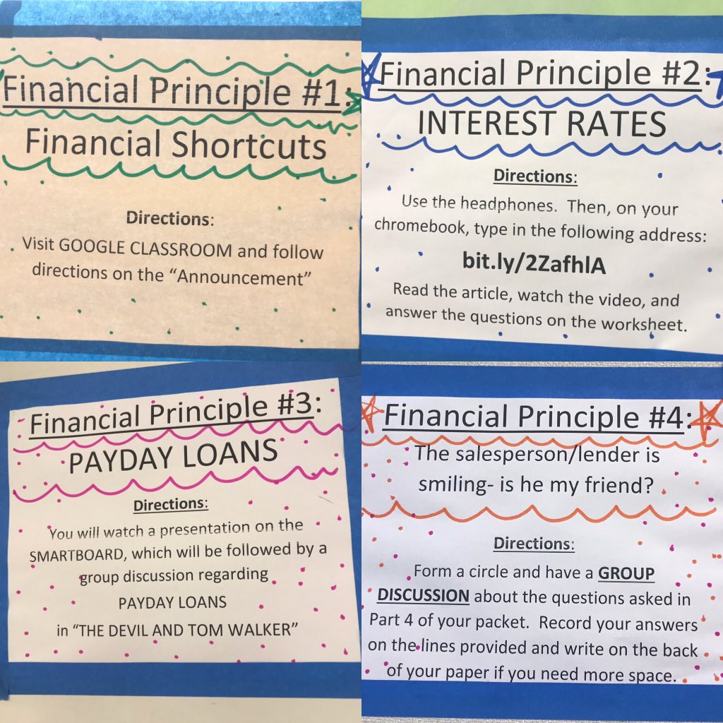 BraccaSaurusRex's tweet photo. April is #financialliteracymonth so we did a #stationsactivity using #chromebooks , #socrative , #Bitly , and the #smartboard to intertwine #personalfinance with lessons from “The Devil and Tom Walker.” @SCSD_HSW https://t.co/EJVUTpeEv6