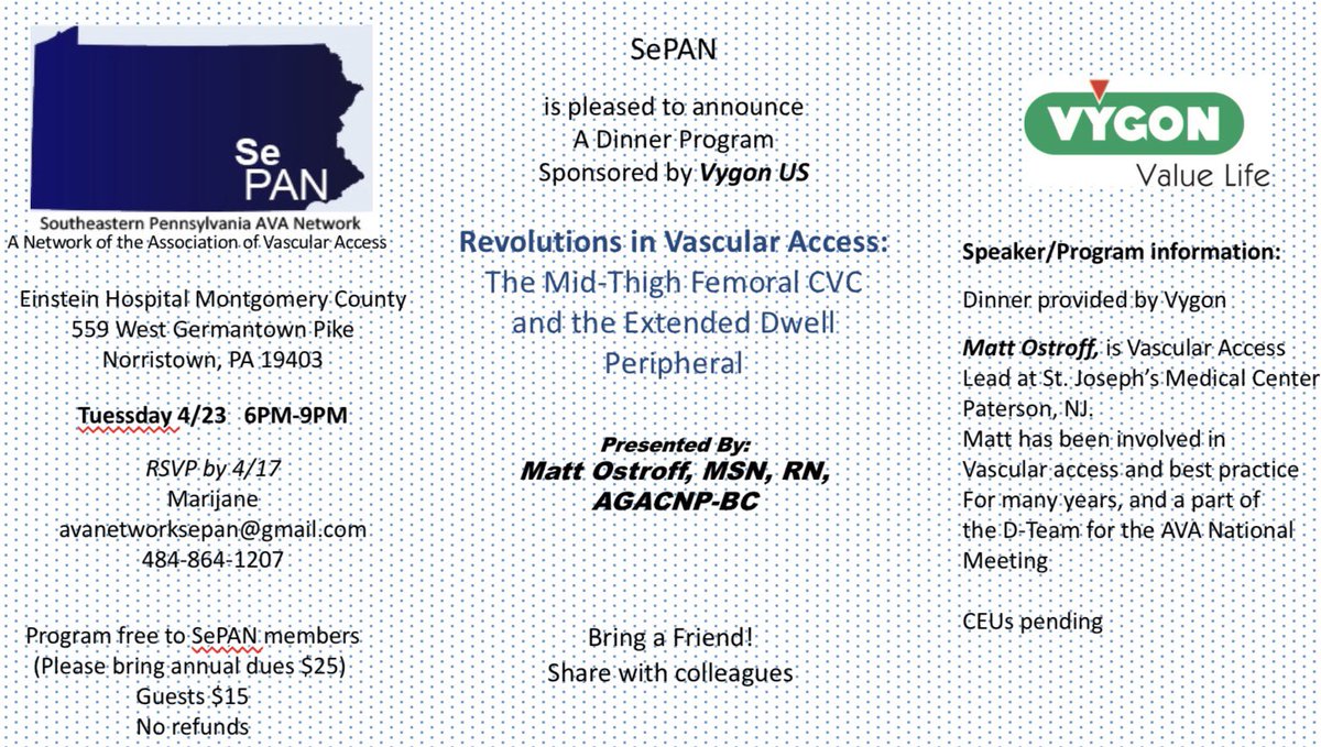 VygonUSA's tweet image. We are excited to Sponsor a SePAN Dinner Event next Tuesday, April 23rd. Come out and hear Matt Ostroff, MSN, RN, AGACNP-BC speak about the Mid-Thigh Femoral CVC and the Extended Dwell Peripheral! #vygonUSA #SePAN #leaderflex #EPIV