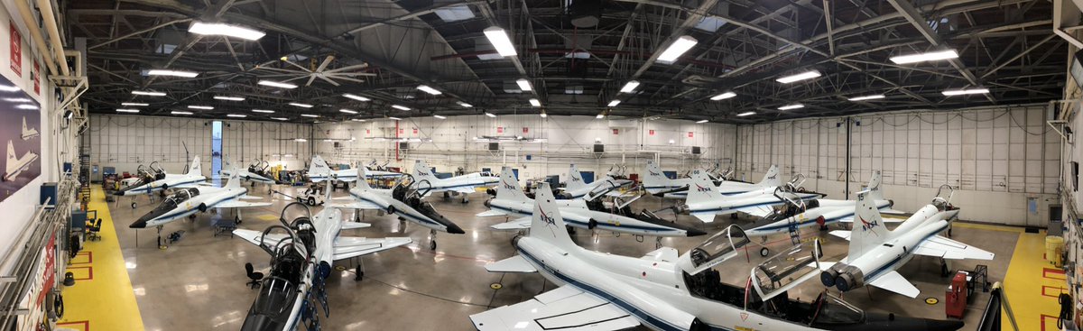 aldoralouw's tweet photo. Nasty weather in Houston today so all the little NASA T-38 babies are safety tucked away in their hangar. #NASA #FlyNASA #T38N #JSC https://t.co/agiPWo4IMy
