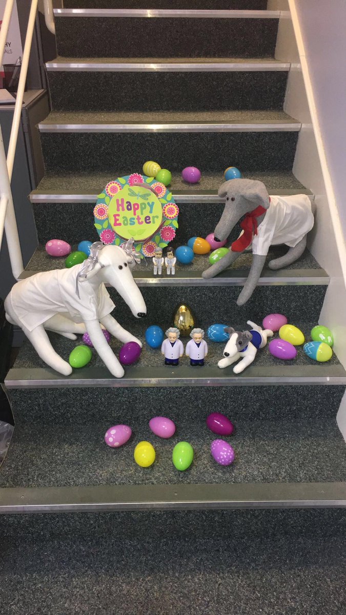 Greychrom's tweet photo. @GreyhoundGeorge &amp; @GreyhoundGina already making their way out of the office looking forward to the long weekend ahead! From all the team here at Greyhound, we hope you have fabulous weekend spent with family and friends🥰🐰✨ Office reopens 23.04.19. https://t.co/U6odXQegnO