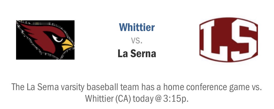 La Serna Baseball (@lasernabaseball) on Twitter photo 🚨Today is a great day to be a Lancer. Senior Lancers get appreciated for their love and commitment to the game. Festivities will start promptly so please plan to arrive early.
#LS⚾️👊🏼 Game against Whittier to follow <a href="/3/">Blair</a>:15PM #AllinAllTheTime #LaSernaBaseballCulture <a href="/LaSernaHS/">La Serna High School</a> 🚨Today is a great day to be a Lancer. Senior Lancers get appreciated for their love and commitment to the game. Festivities will start promptly so please plan to arrive early.
#LS⚾️👊🏼 Game against Whittier to follow <a href="/3/">Blair</a>:15PM #AllinAllTheTime #LaSernaBaseballCulture <a href="/LaSernaHS/">La Serna High School</a>