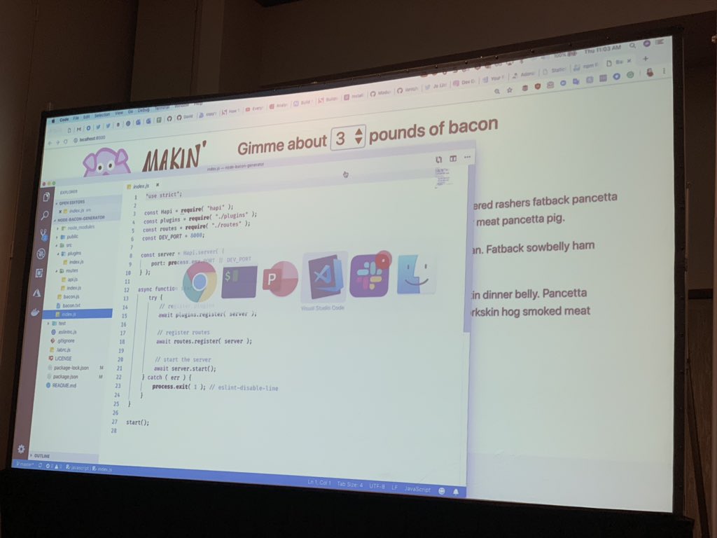 jgperrin's tweet photo. @reverentgeek, any alternative for vegan? #MakeBacon is a awesome replacement for #LoremIpsum using @nodejs at #OpenSource101 https://t.co/3ToZ1F1SVh