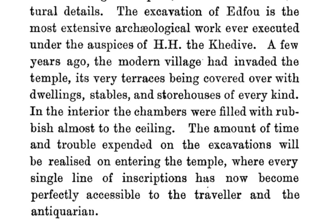 What happened?The answer is apparently Auguste Mariette's excavations at the site in the early 1860s. Mariette cleared the temple and seems to have removed the houses from on top and inside of it in the process(Mariette, The Monuments of Upper Egypt, 1877 [1872])