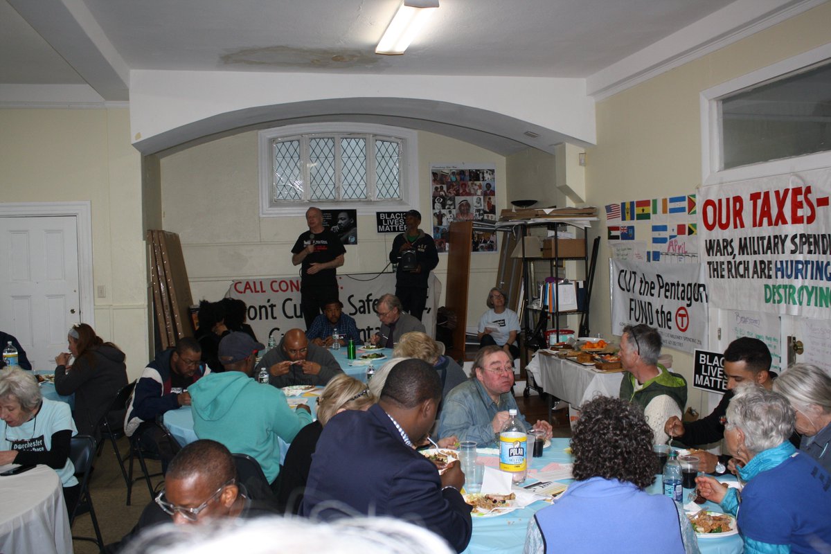 masspeaceaction's tweet photo. @RickNabb of @SunriseBoston pointed out that the #GreenNewDeal can be paid for by #Pentagon cuts.  Michael kane of @nahudtenants broken down the #PeoplesBudget and the group enjoyed a great meal at St Mary's Episcopal.  #TaxDay2019 3/3 https://t.co/E41U0rQDVk