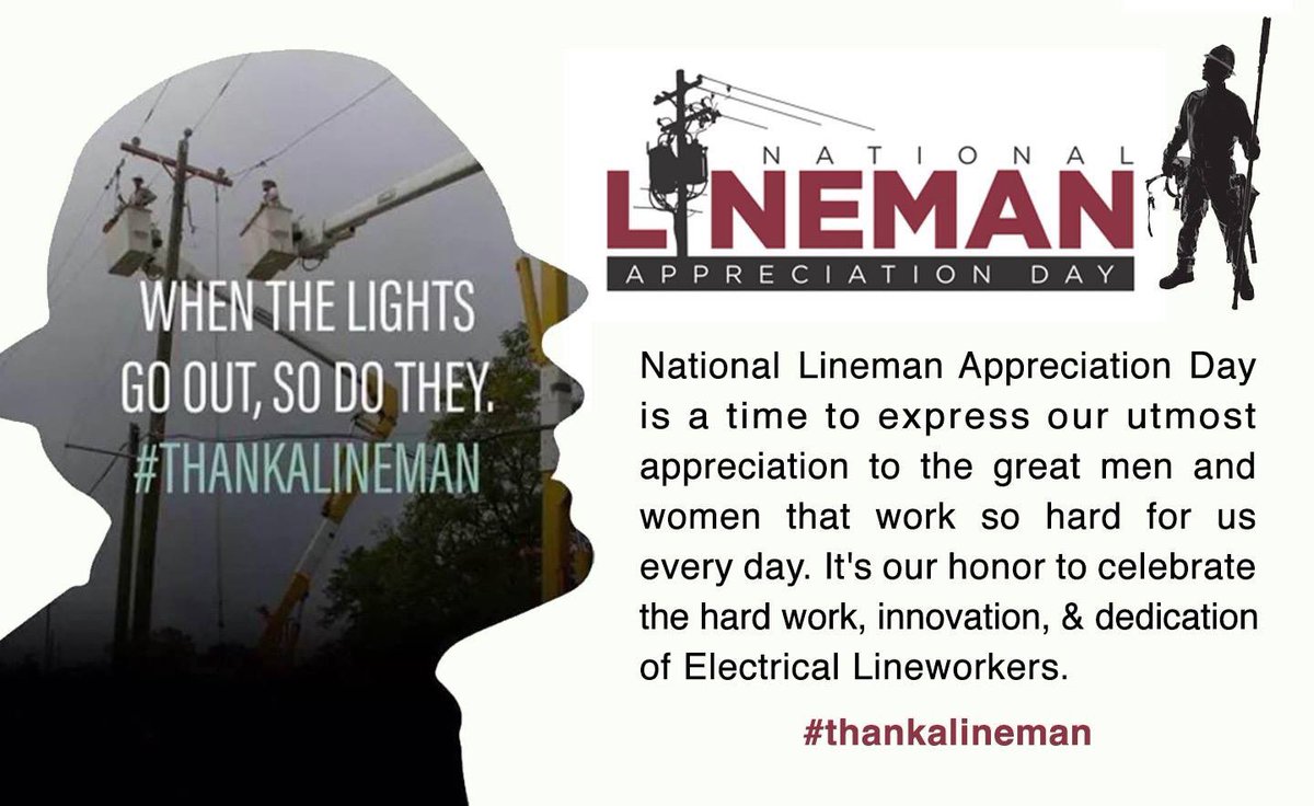 TroyALGov's tweet photo. Today is National #LinemanAppreciationDay! Be sure to #thankalineman today and every day. Most people don’t realize how hard their jobs are, or the nights, weekends, and holidays they spend away from their families. Thank you to all the linemen out there! https://t.co/4HOPgrOway