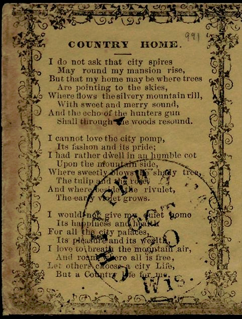 Gilder_Lehrman's tweet image. “Country Home” was a poem printed on an envelope during the Civil War. Many people used &amp;amp; collected these elaborately decorated envelopes also called #postalcovers. They were often patriotic &amp;amp; expressed support for the Union or Confederate cause. #pocketpoem #poetrymonth