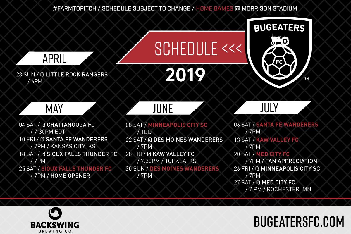 bugeatersfc's tweet photo. 2019 Bugeaters schedule announced! 6 home games to be played @ Morrison Stadium.

#BugeatersFC #BFCFans #FarmToPitch https://t.co/sC0ikEEQ0B