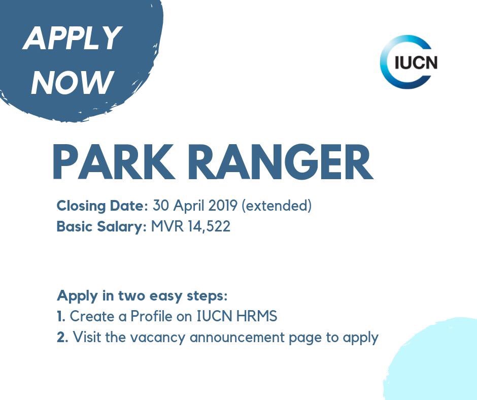 IUCN_Maldives's tweet photo. We are looking for a Park Ranger. 

To apply: 
1. Create a Profile on IUCN HRMS
2. Visit the vacancy announcement page to apply: https://t.co/20s6d1Q3o2

A successful application will generate an automated email. Login anytime to check the status of your application. https://t.co/k6AOHMQpKe