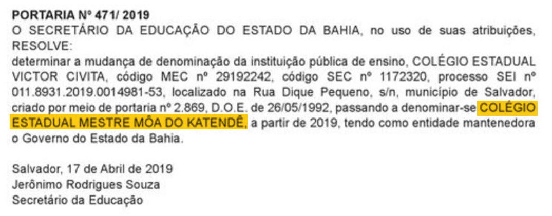 martapt13's tweet photo. Através de portaria publicada pelo secretário de Educação, Jerônimo Rodrigues, o Colégio Estadual Victor Civita passa a se chamar Colégio Estadual Mestre Môa Do Katendê. Uma justa homenagem a um dos maiores mestres de capoeira da Bahia e forte militante da cultura negra. #MoaVive https://t.co/LmrsWRWnKA