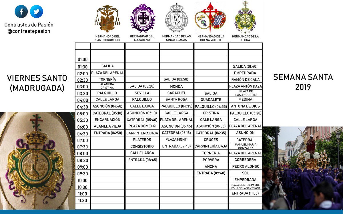 ContrastePasion's tweet photo. ¡Hoy es Viernes Santo Madrugada! Estos son los horarios/sincronizados de la cofradías que realizarán hoy su salida procesional en Jerez de la Frontera. https://t.co/x8Kgcn6kc9