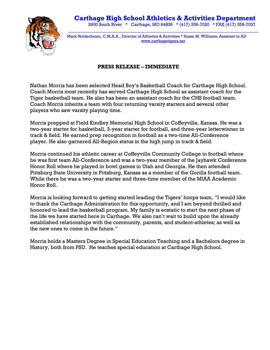 mdholderbaum23's tweet photo. Carthage Tigers Athletics is pleased to announce Nathan Morris as its new head boy's basketball coach. Coach Morris will meet and greet next week with boys basketball players. Congratulations on your new role with Tiger Basketball!
@J_GlobeSports
 
@OzarksOzone
 
@JPeakesports https://t.co/1P5J67ysfj