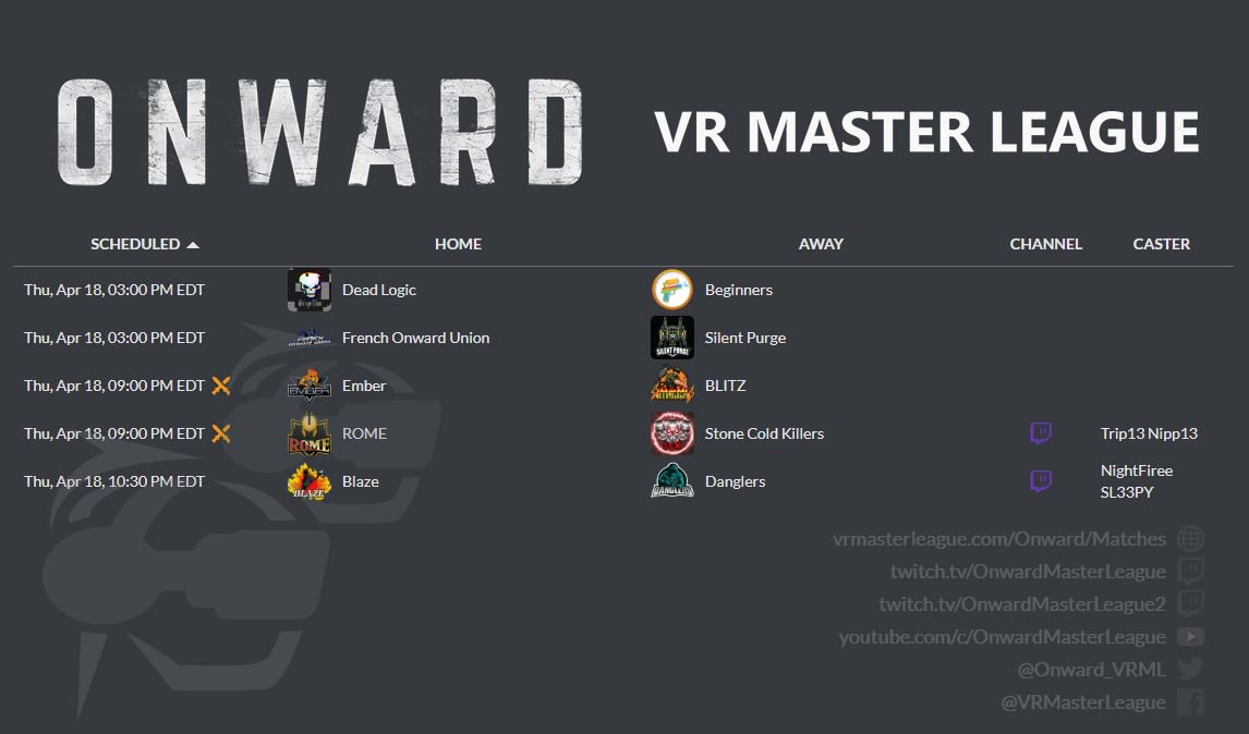 Here are today's Onward VRML matches!🔥
vrmasterleague.com/Onward/Matches
Don't miss...

ROME vs @SCKVR, 0100 UTC/2100 EDT
📺twitch.tv/OnwardMasterLe…
with <a href="/Trip13Nipp13/">Trip 'The Nip'</a> 

Blaze vs <a href="/DanglersVR/">Danglers</a>, 0230 UTC/2230 EDT
📺twitch.tv/OnwardMasterLe…
with <a href="/TheNightFiree/">Alex</a> &amp; @SL33PYplaysVR

GLHF! #VResports