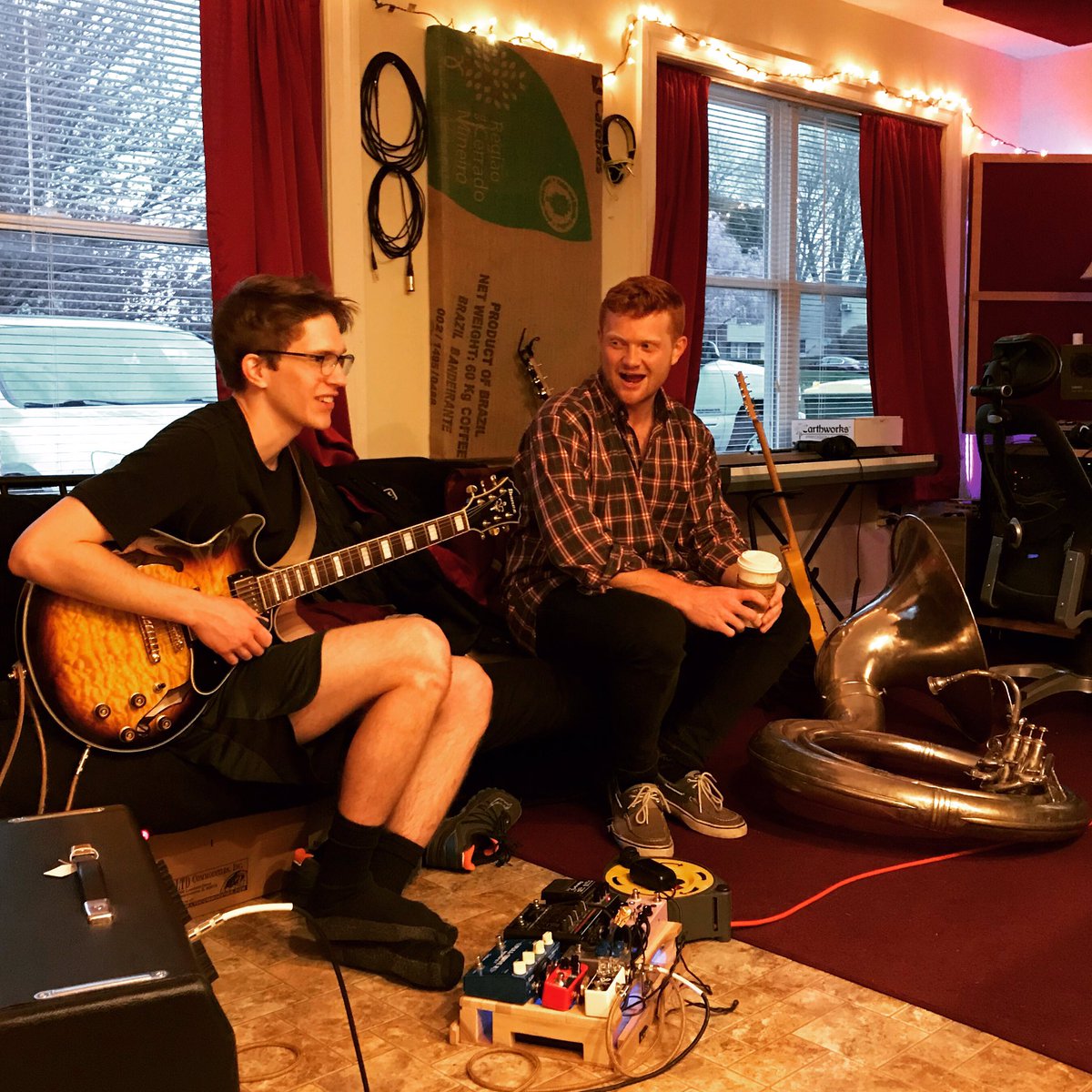 BigBoyBrassBand's tweet photo. Caption Contest!! What’s Connor saying to Sam?? 🤔
#BigBoyBrass #RawMeat #CaptionContest #Lancaster #BrassBand #ThornwallStudios https://t.co/xpxpcT1WXU
