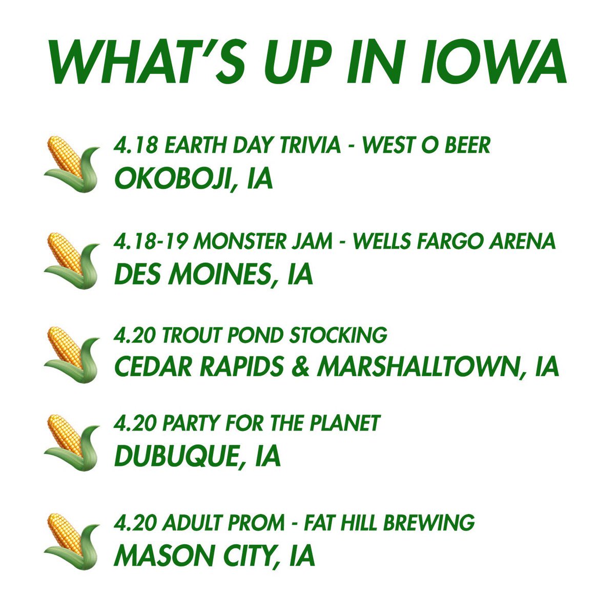 TryowaPodcast's tweet photo. Monster Trucks. 80’s Prom. Earth Day Trivia. Here’s WHAT’S UP IN IOWA! 🌎 Details on Latest Episode ➡️https://t.co/wgrr3CIzwI #iHeartRadio #Iowa #Podcast https://t.co/o9A9WOKPN5