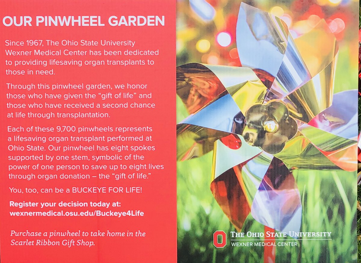 CArnoldMD's tweet image. #BuckeyePinwheelGarden celebrates more than 9,700 organ transplants at OSU since 1967. Each pinwheel has 8 spokes: one organ donor can save up to 8 lives. #ThisIsOSU #OneOSU