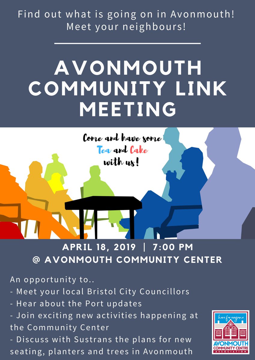 Hi all!

Hope you are all well.

We would like to invite you all to come and join us at the Avonmouth Community Link meeting from 19:00 today at our amazing Avonmouth Community Center.

It will be a great opportunity to hear about what's happening around Avonmouth.