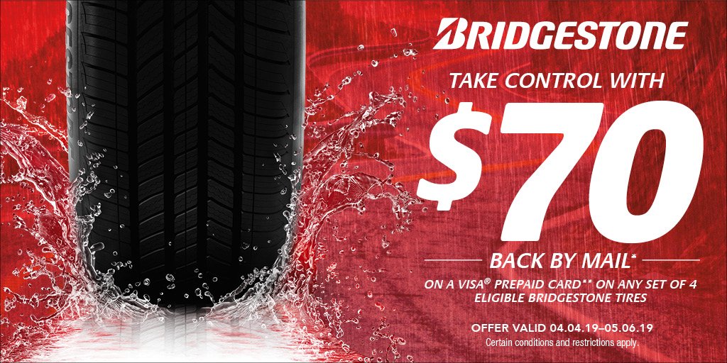 SouthSide_TA's tweet photo. Need new tires for spring? Receive a $70 Bridgestone Visa® Prepaid Card by mail when you purchase 4 eligible Bridgestone tires! Restrictions Apply. https://t.co/2WQDP5ylL3 https://t.co/AtpCDlXYU3