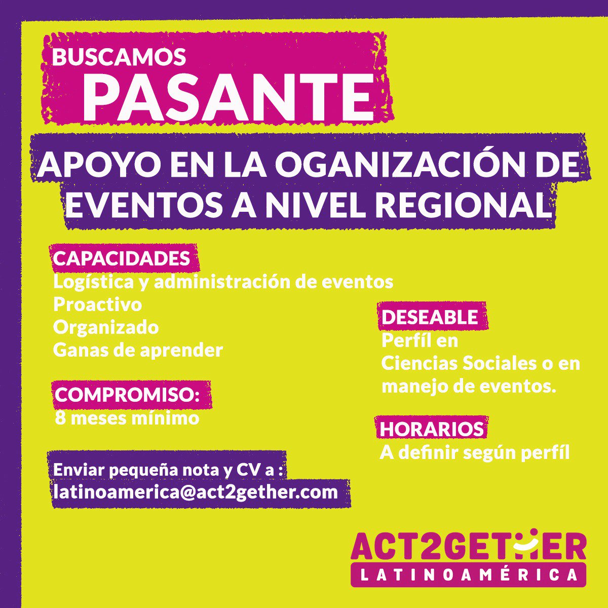 ACT2GETHERLATAM's tweet photo. ¡Estamos en busca de pasante para nuestras actividades!

Anímate a trabajar con nosotros, si crees que cumples con los requerimientos no dudes en mandarnos una pequeña nota y tu cv a latinoamerica@act2gether.com

Esperamos ansiosos sus postulaciones. https://t.co/Xm2G2ftwiq