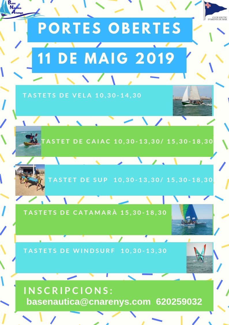 BNARENYS's tweet photo. Portes Obertes
Tastets gratuits de Vela, Windsurf, Caiac, SUP i Catamarà
Inscriu-te ja!! Places limitades
#cnam #arenysnavega #bnam @radioarenys @AjArenys @EsportiuMaresme @UCECcat @esportcat @parlemdesports @CostaBcnMaresme @Turisme_Arenys @diarimaresme @cnarenys @vela_cat https://t.co/a3zB87TkEd