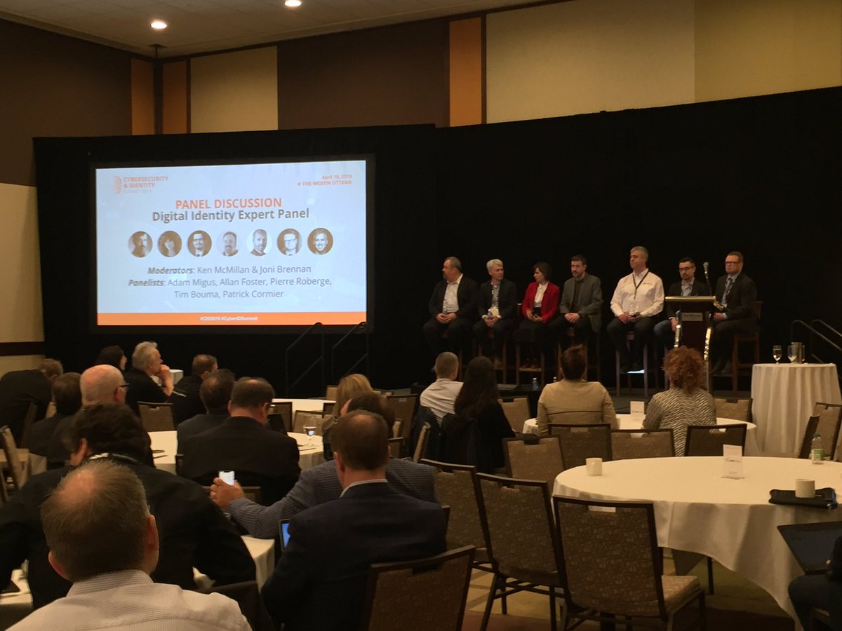 CyberIDSummit's tweet photo. [NOW HAPPENING] Digital Identity Expert Panel with Joni Brennan @mydiacc, Ken McMillan @TBS_Canada, Tim Bouma @TBS_Canada, Patrick Cormier @notarius, Pierre Roberge, Adam Migus @migusgroup, and Allan Foster @ForgeRock @TheWestinOttawa #CIS2019 https://t.co/VrZ6yikvro