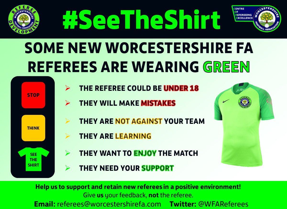 ⚠️ PRESS RELEASE ⚠️

✅ <a href="/WorcsFA/">Worcestershire FA ⚽</a> trainee referees U18 will wear a green shirt next season. 

👉 Read more: worcestershirefa.com/news/2019/apr/… 

#SeeTheShirt #WorcestershireHour