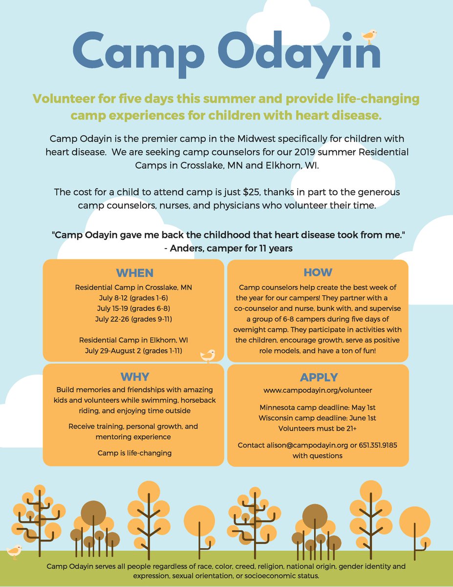 Camp Odayin is looking for volunteer camp counselors for this summer. Camp counselors help create the best five days of the year for Camp Odayin’s campers with heart disease! If you all are interested in applying, please check out campodayin.org/volunteer/