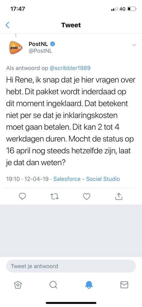 scribbler1989's tweet photo. @PostNL Zie onderstaand bericht van jullie 16 april is inmiddels al geweest https://t.co/BJfaoNNlax