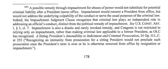 'A possible remedy through impeachment for abuses of power would not substitute for potential criminal liability after a President leaves office'
FN 1091, p. 178 /390 in pdf) #MuellerReport #CriminalLiability