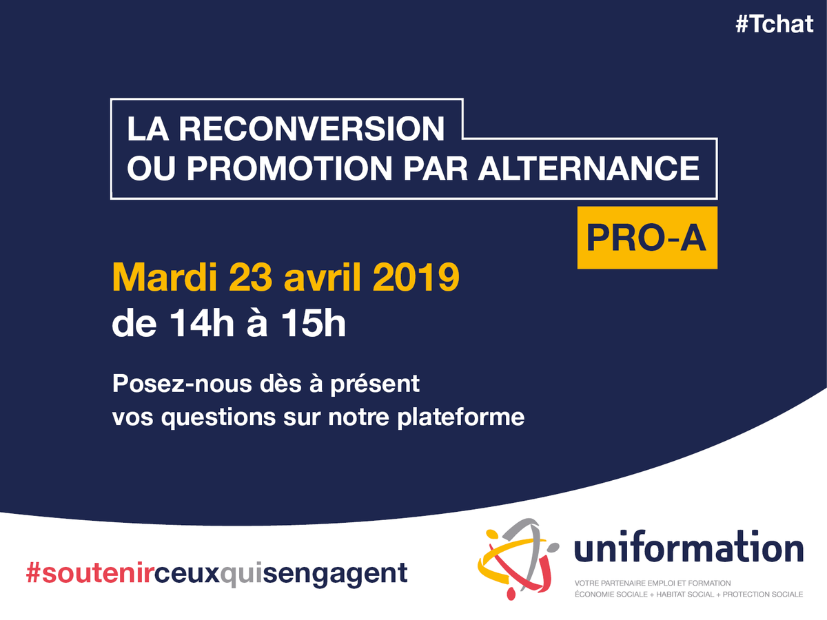 uniformation_'s tweet photo. Les #tchats Uniformation sont de retour ! 💬

Pour commencer, zoom sur la #ProA ! Posez-nous dès à présent toutes vos questions sur ce dispositif de #formation en #alternance, nos experts et conseillers y répondront ce mardi 23 avril de 14h à 15h ➡️ https://t.co/C59VkuZH7N https://t.co/I3lG5nWVAJ